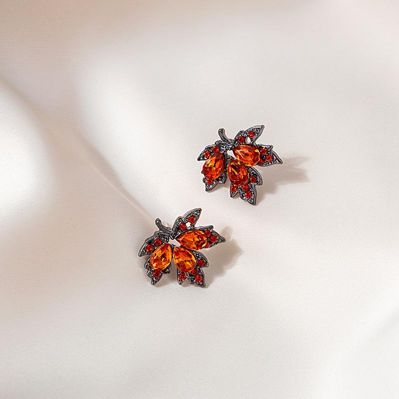 Retro Artistic Red Maple Leaf Stud Earrings with Zircon and Full Diamond Pave - Autumn/Winter Style