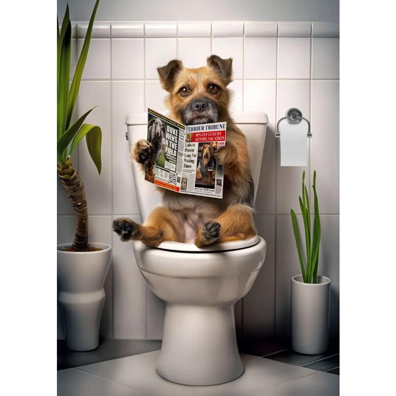 Modern Lion Dog Highland Sitting On Toilet Reading Newspaper Poster Funny Animal Print Canvas Painting Bathroom Decor Picture