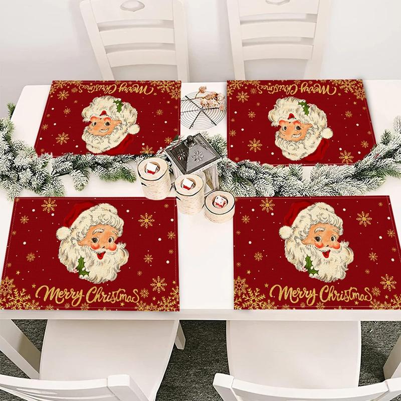 Linen Christmas Placemats Santa Claus Elk Table Mats Christmas Decorations for Home 2025 Xmas Navidad Noel New Year Table Decor