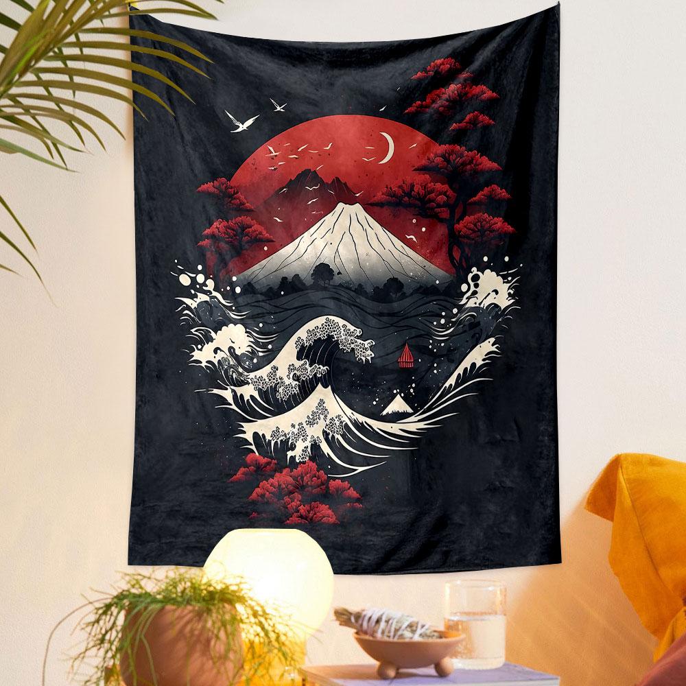 "Red Moon with Waves and Mountain Scene" Patterned Tapestry Decorative Wall Hanging, Home Bedroom Living Room Decor