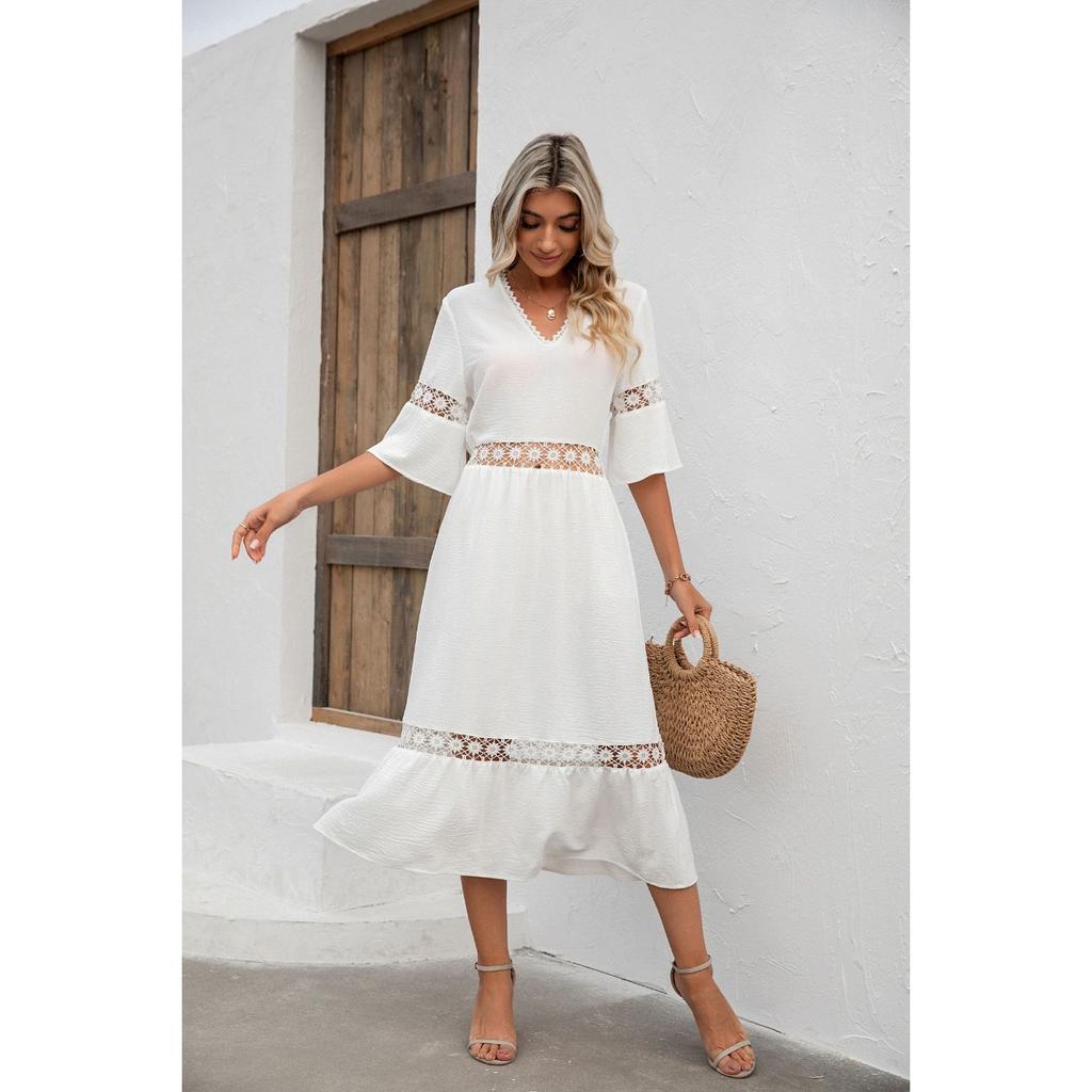 Spring Summer New Women's Solid Color V-neck Loose Short Sleeve Cutout Casual Dress Leisure Trade