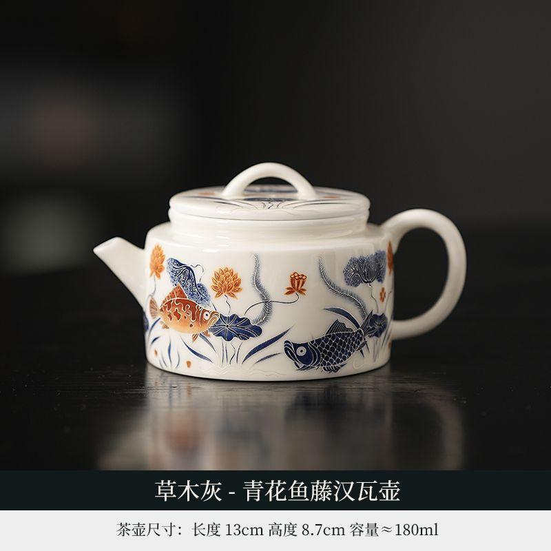 Pflanzenasche, blau-weißer Weinrebenfisch, ein Topf und zwei Tassen, hochwertiger Keramik-Haushaltsteekessel, Reise-Kung-Fu-Teeset für den Außenbereich