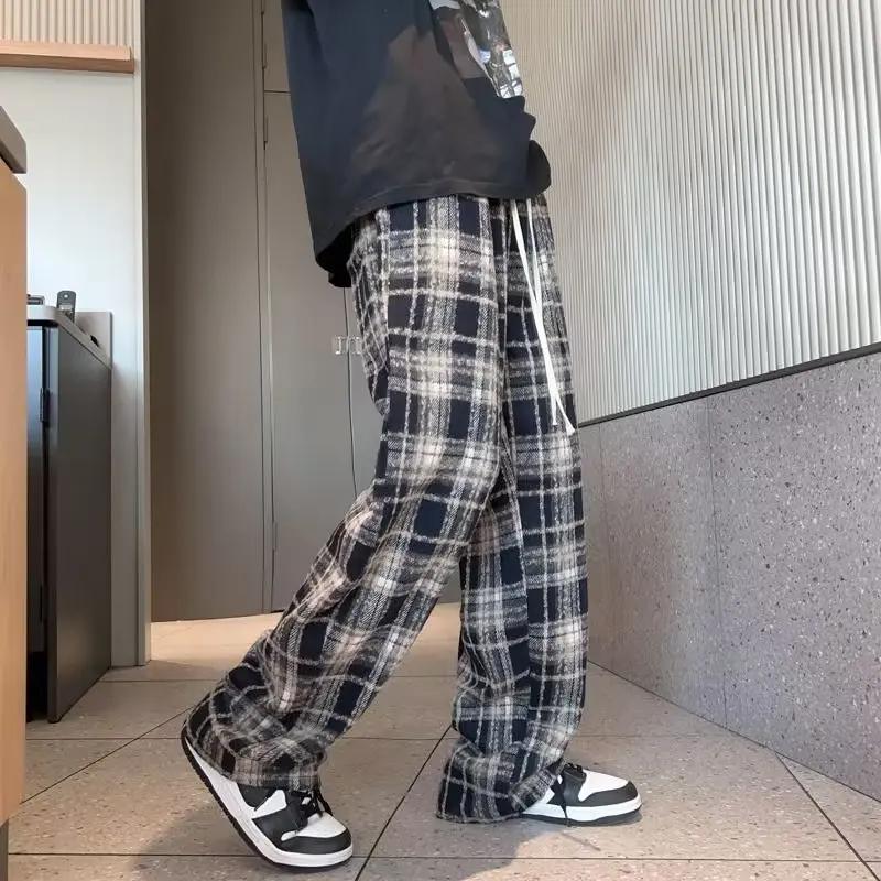 Woolen Fleece Lined Plaid Pants High Waisted Classic Vintage Black Casual Straight Leg Pants Slimming Bell Bottoms For Men Women