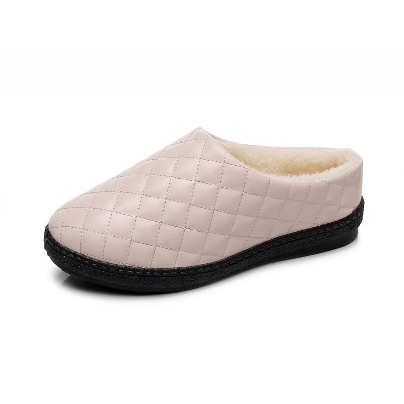 Womens Winter Warm Fleece-Lined Slipper Shoes With Non-Slip Sole Home Indoor Use PU Upper Flat Comfortable Slippers