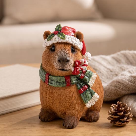 Whimsical Animal Ornaments for Courtyard Christmas Capybara Resin Figurine, Statue with Santa Hat Scarf Wreath, Artistic Crafts Windowsill