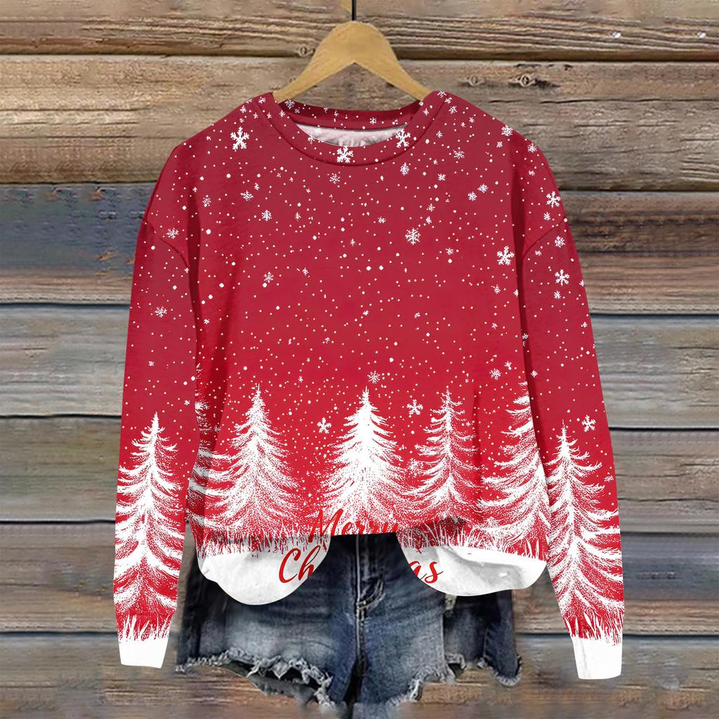 Women's Christmas Printed Casual Fashion Long Sleeve Round Neck Pullover Top