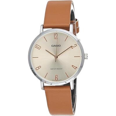 Casio LTP-VT01L-5B Women's Minimalist Analog Watch Beige Dial Brown Leather Band Brown