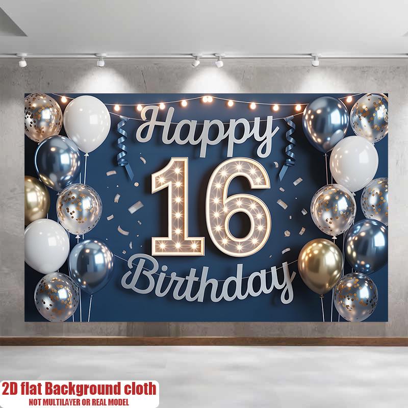 Happy 16th Birthday, 1pc Polyester Party Backdrop Banner, Photo Booth Background, Wall Decor