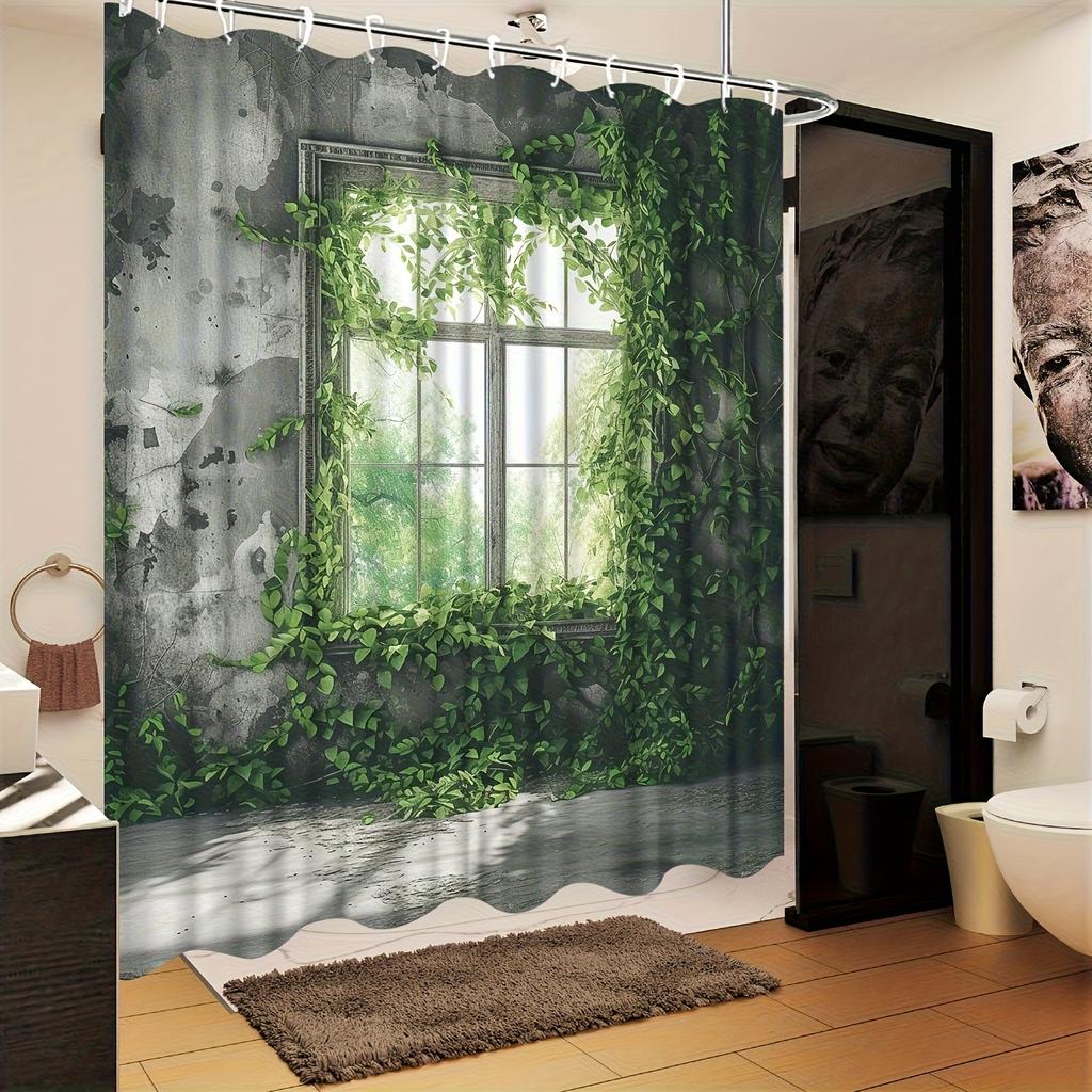 1 pièce Grand Rideau de Douche Botanique en Lierre Vert pour Fenêtre avec Crochets - Design Effet Fenêtre de Salle de Bain Haute Qualité, Motif Feuille de Lierre