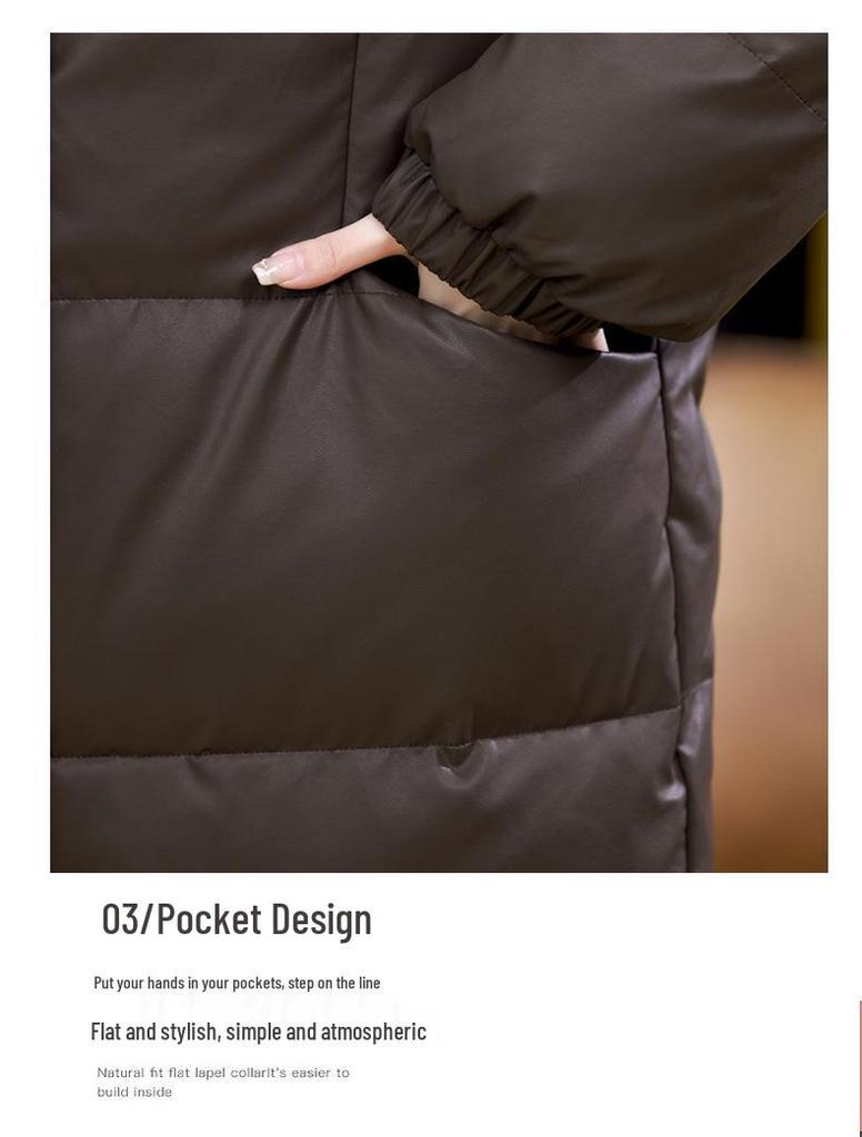Women's PU Leather Plus Size Mid-Aged Winter Down Jacket 2024 - White Duck Down Thick Long Coat