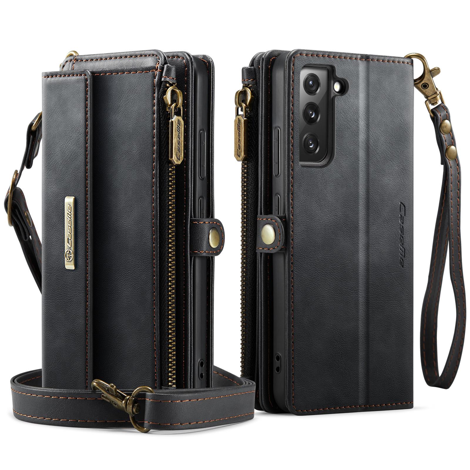 

For Samsung Galaxy S22 5G Case CASEME C39 RFID Blocking Zipper Wallet Stand Leather Cover with Strap Green