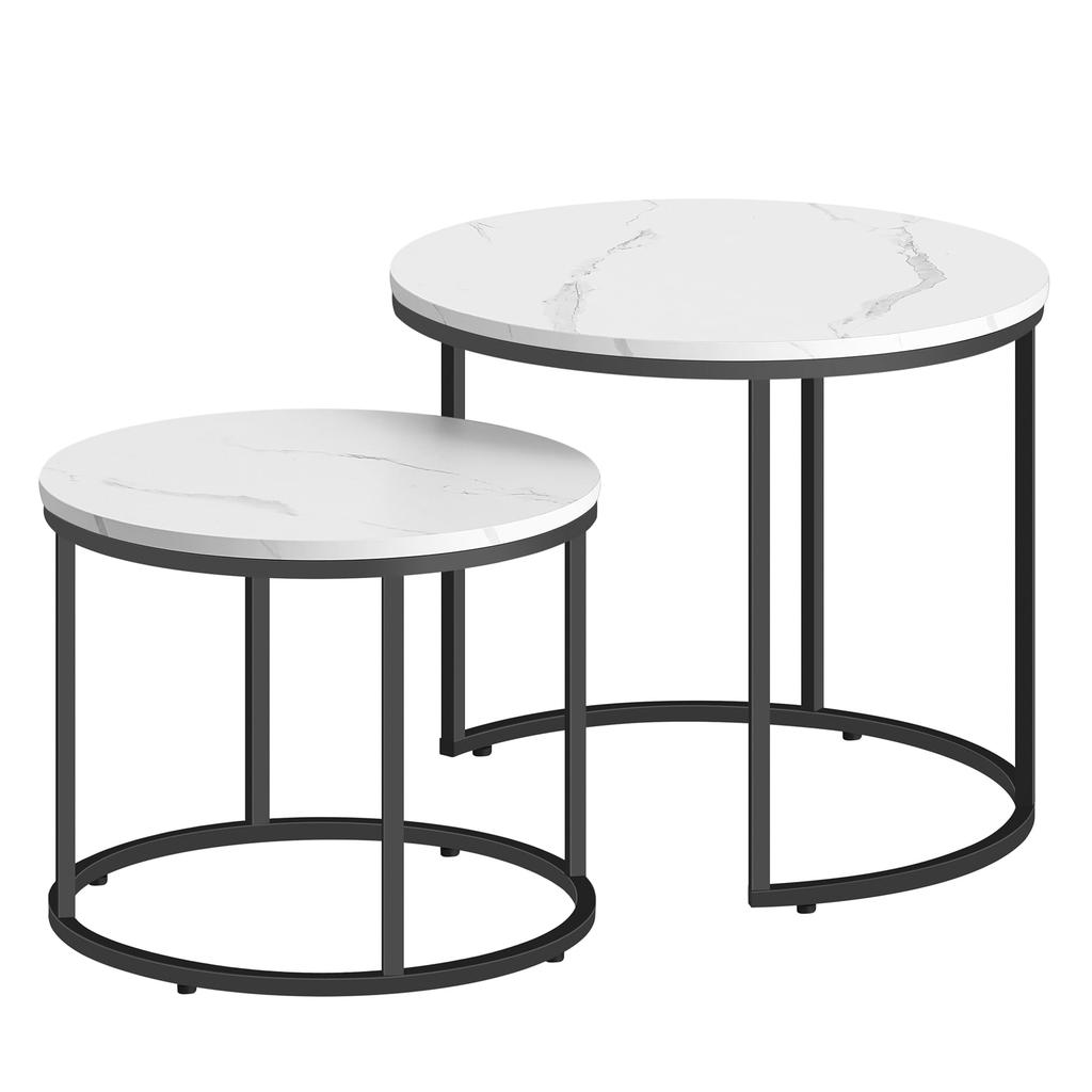 Tavolino da Caffè Rotondo, 2 Pezzi - Marmo / Gambe Nere