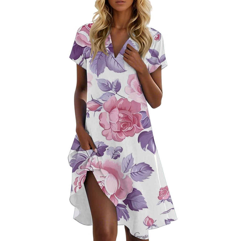 Women's Casual Fashion Stand Collar Floral Print Short Sleeve Dress