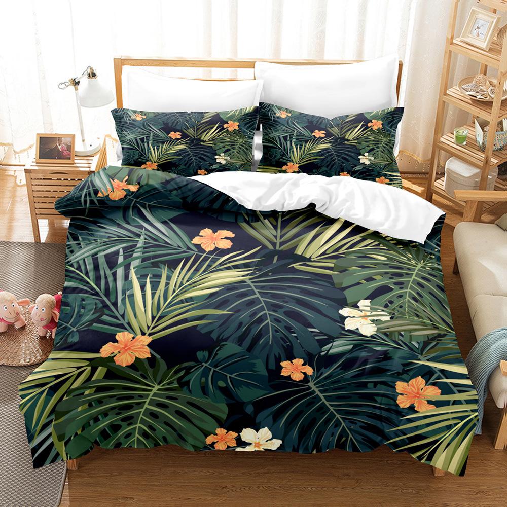 Tropical Plant Kit 3D Digital Printing Quilt Cover Flower Green Leaf Bedding Three-Piece Set