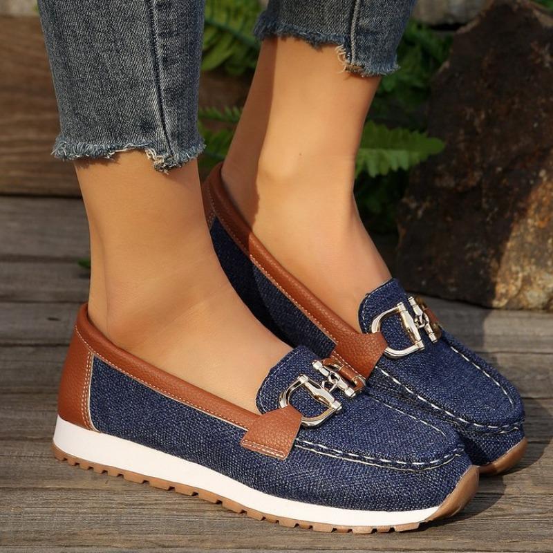 Women's Spring Large Size Flat Round Toe Chain Buckle Slip-On Shoes.