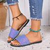 Damen Schillernde Glitzer-Sandalen mit einem Riemen, flach, offene Zehenpartie, Nietenbesatz, zum Hineinschlüpfen, Bling, lässige Sommer-Strand-Sandalen