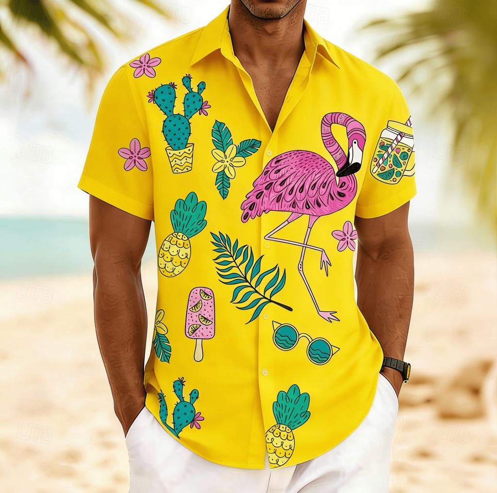 Men's Flamingo Tropical Fruit Print Short Sleeve Shirt, Spring Summer Fun Hawaiian Vacation Blouse, Loose Casual Top