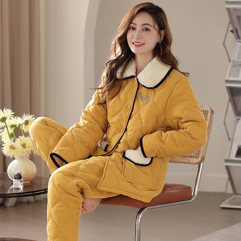 Pajamas Women'S Winter Thickened And Velvet Coral Velvet Three-Layer Padded Jacket Can Go Out Winter Loungewear