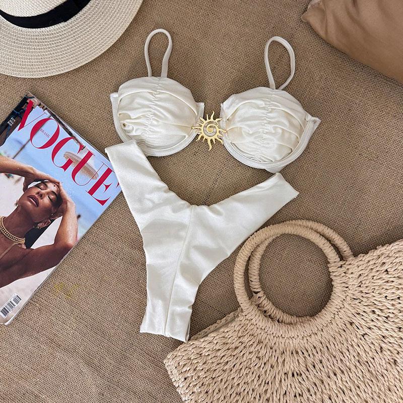 

Новый однотонный стальной держатель Sun бикини комплект Раздельный купальник женский двухсекционный купальник с низкой талией M белый