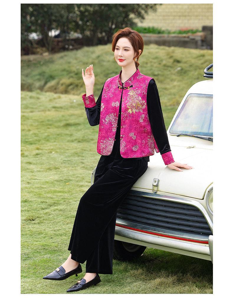 Mother's Day Spring Velvet Suit: Elegant Chinese Style Three-Piece Vest Set for Middle-Aged and Elderly Women