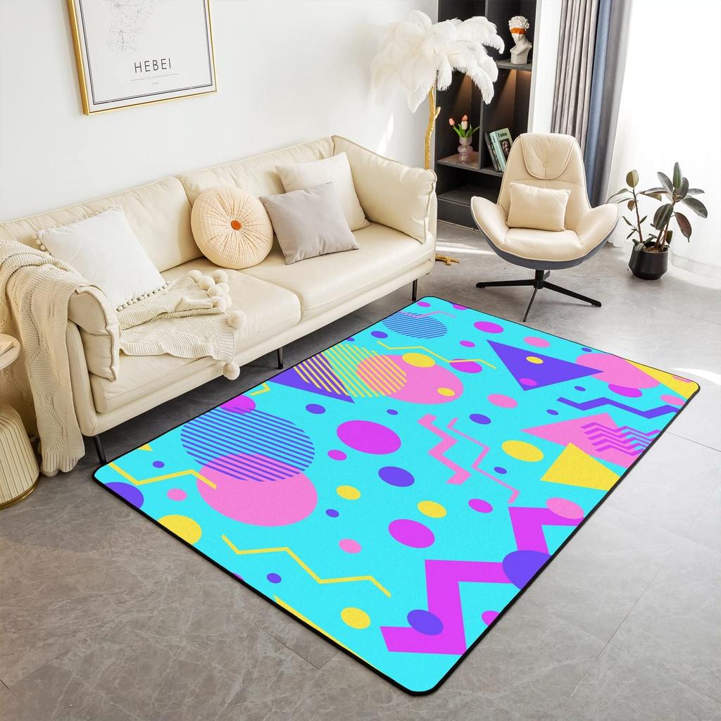Memphis Area Rug, Hipster Retro Doormat, 80s 90s Hip Hop Funky Colorful Pop Art Inspired Carpet for Playroom Geometric Floor Mat