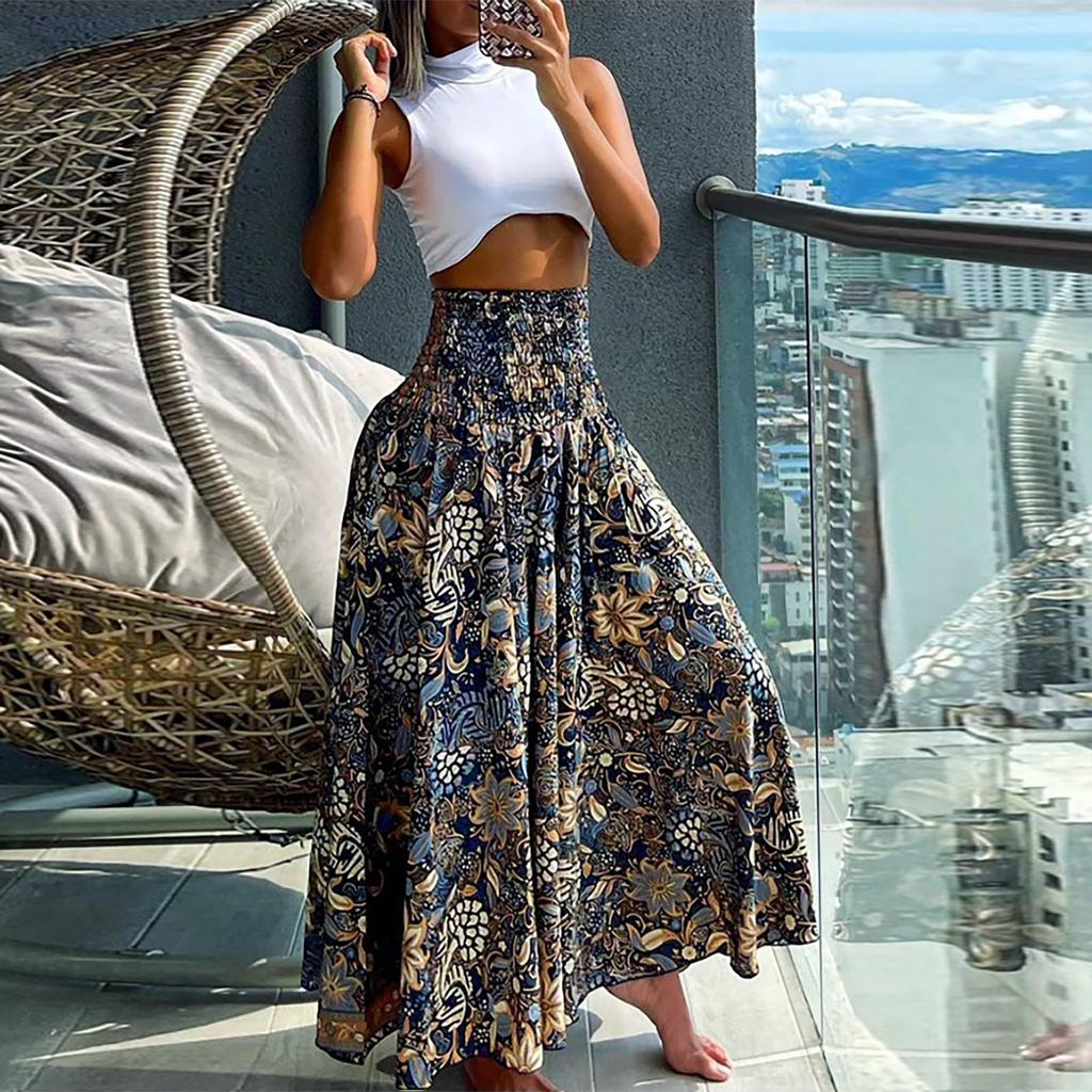 Women’s Casual Loose Boho Elastic Waist A-Line Beach Flowy Swing Vacation Floral Printing Maxi Skirt