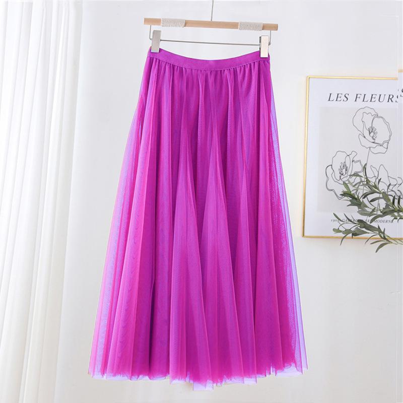 Qooth Women's Slim Skirt Mid Length Gauze Skirt Summer Simple Casual Skirt Fashion Full Dance Skirt QT2588