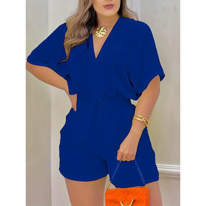 Summer V-Neck Jumpsuit with Drawstring Waist in Multiple Colors Women's casual V-neck jumpsuit; women's casual V-neck romper