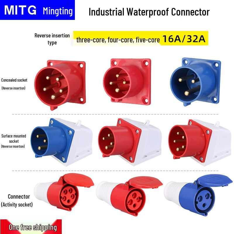 Waterproof Industrial Aviation Plug Socket: 16/32A Three-Phase Connector, 3-5 Pin, Recessed/Surface Mount Options