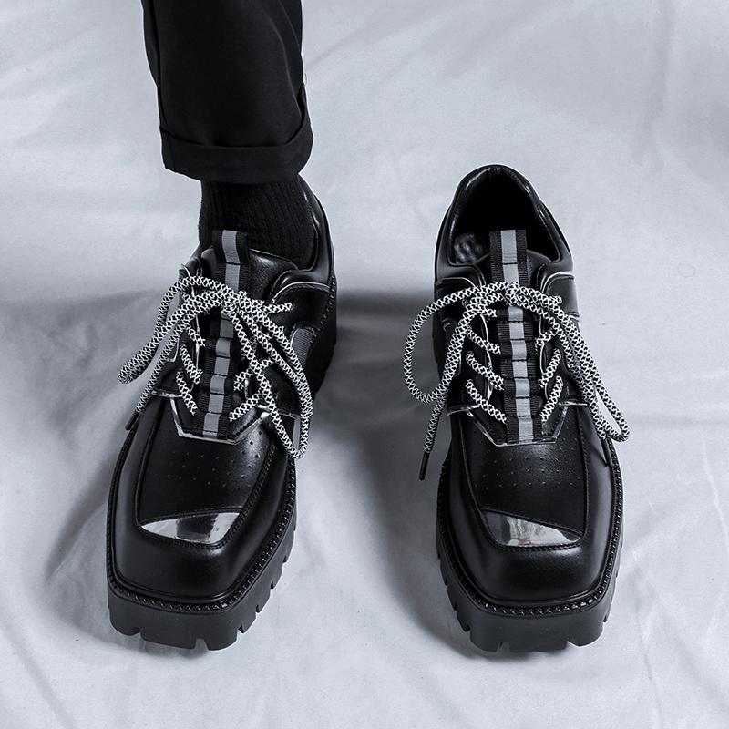 Men Thick Soled Square Toe Leather Shoes Casual Business Dress Shoe Male Brand Lace Up Oxfords Split Leather Formal Wedding Shoe