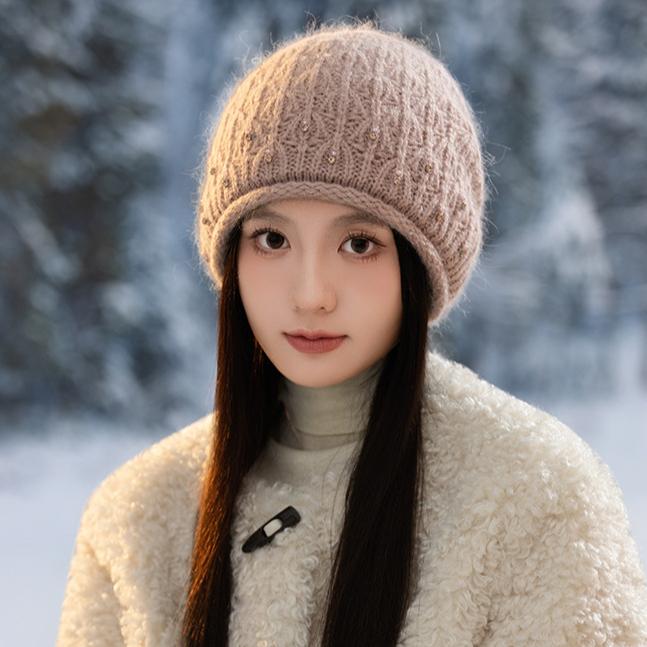 Hat Women's Autumn and Winter Fashion Rabbit Fur Thermal Hat Fleece Thickened Windproof Knitted Wool Hat