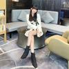 Versatile niche early summer flanged short tube linen cotton pleated short boots square head middle heel thin leg stacking boots