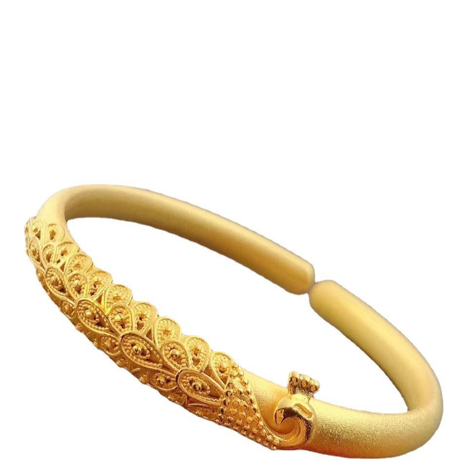 Gold Color Dragon and Phoenix Open Bracelet Children's Peacock Smooth Face
