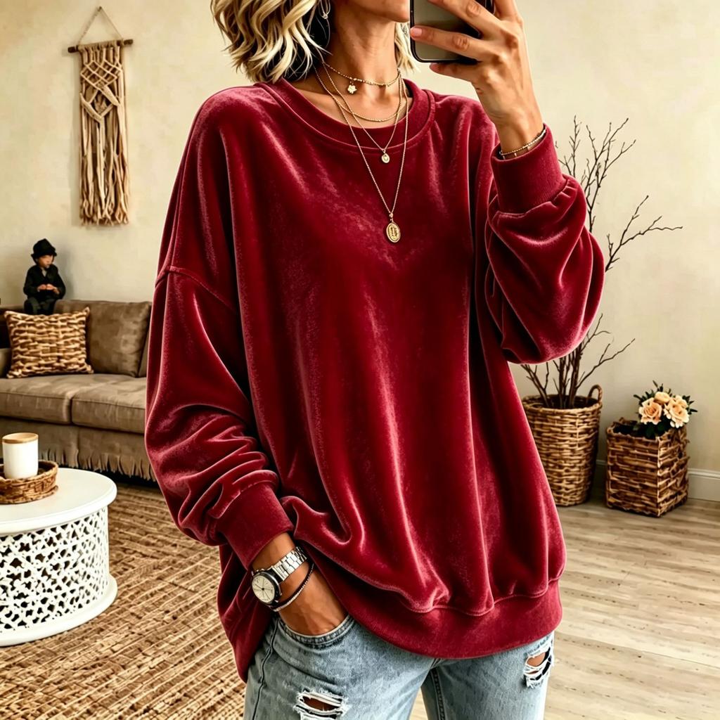 Women S Long Sleeve Solid Color Casual Crew Neck Velour Sweatshirt