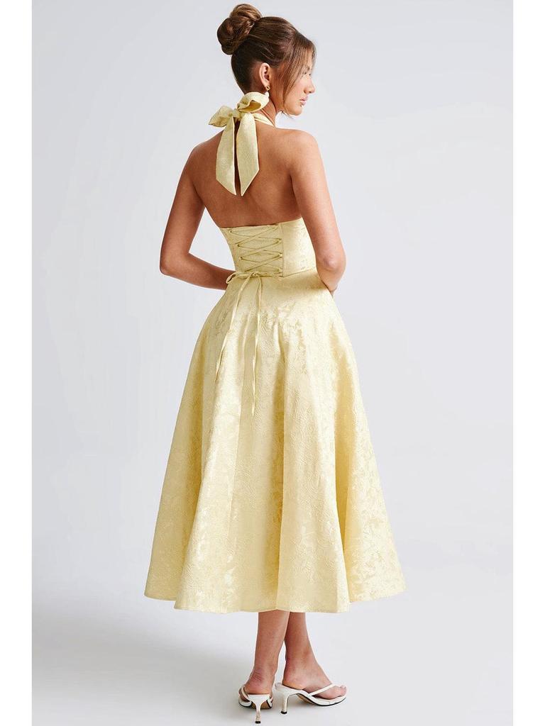 2026 Women's Exquisite Jacquard Halter Deep V High Waist A-line Dress