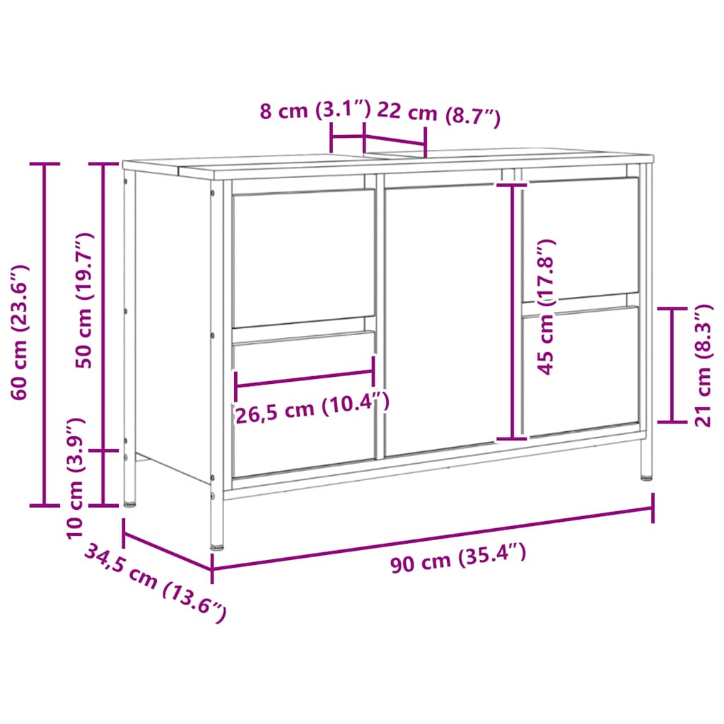 Grey Sonoma Bathroom Vanity Cabinet with Drawers 90 X 34.5 X 60 Cm