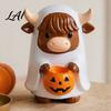 Home Entrance Accents Highland Cow Ghost Figurine with Pumpkin Candy Bowl Cute Halloween Small Treat Storage Tabletop Decor for Farmhouse Decoration