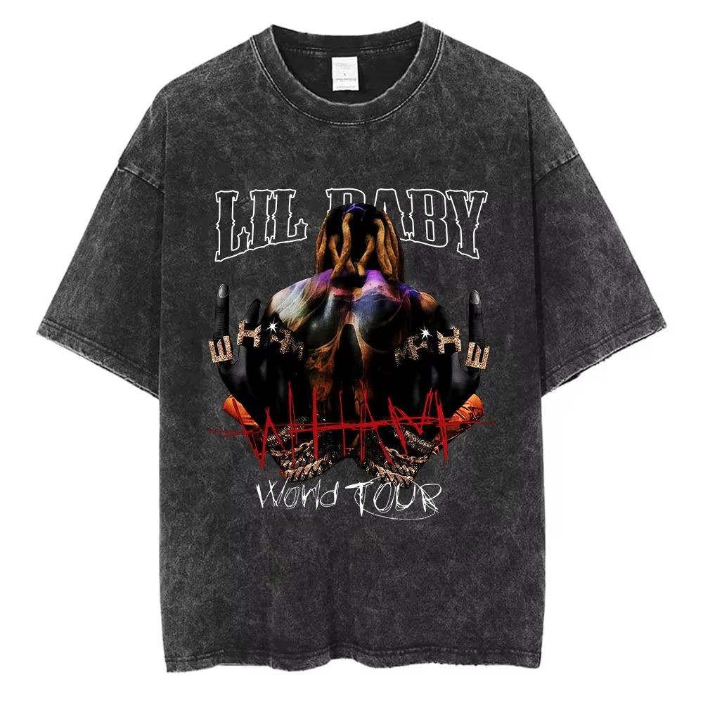 Women's Hip Hop Rap Short Sleeve T-shirt Lil Baby Wham World Tour Merch T-shirt Retro Washed High Quality T-shirt