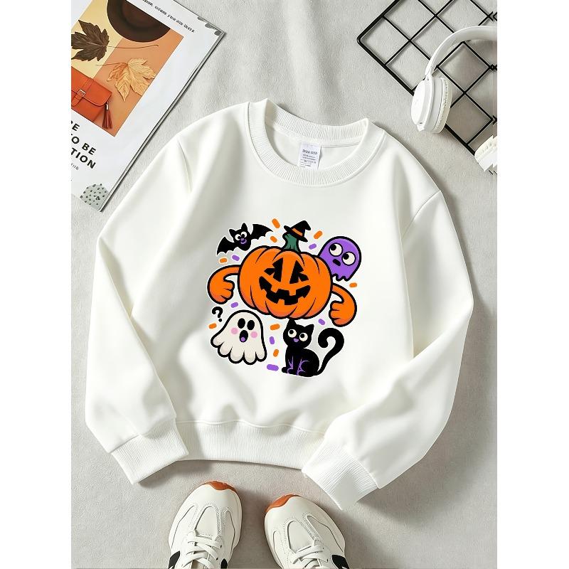 Sweatshirt for Boys and Girls Autumn Winter, Cartoon Jack-o-lantern with Arms, Black Cat, Small Ghosts and Bat Graphics - Casual Crew Neck Long