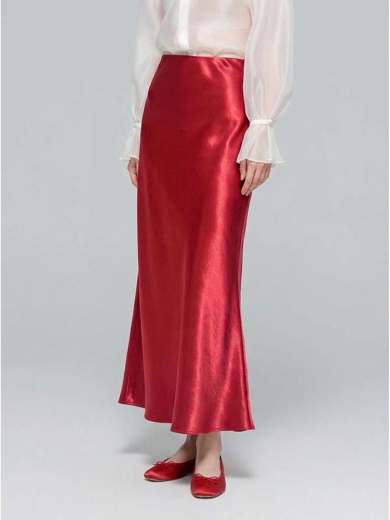 2026 Spring Chinese Style High-Waisted Silky Satin A-Line Maxi Skirt