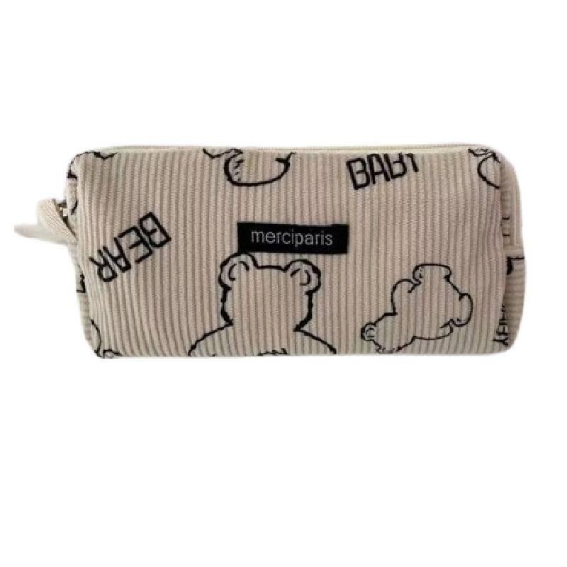 Soft Cotton Bear Print Velvet Canvas Pencil Case Korean Style Large Capacity Stationery Box Pencil Bag Brown