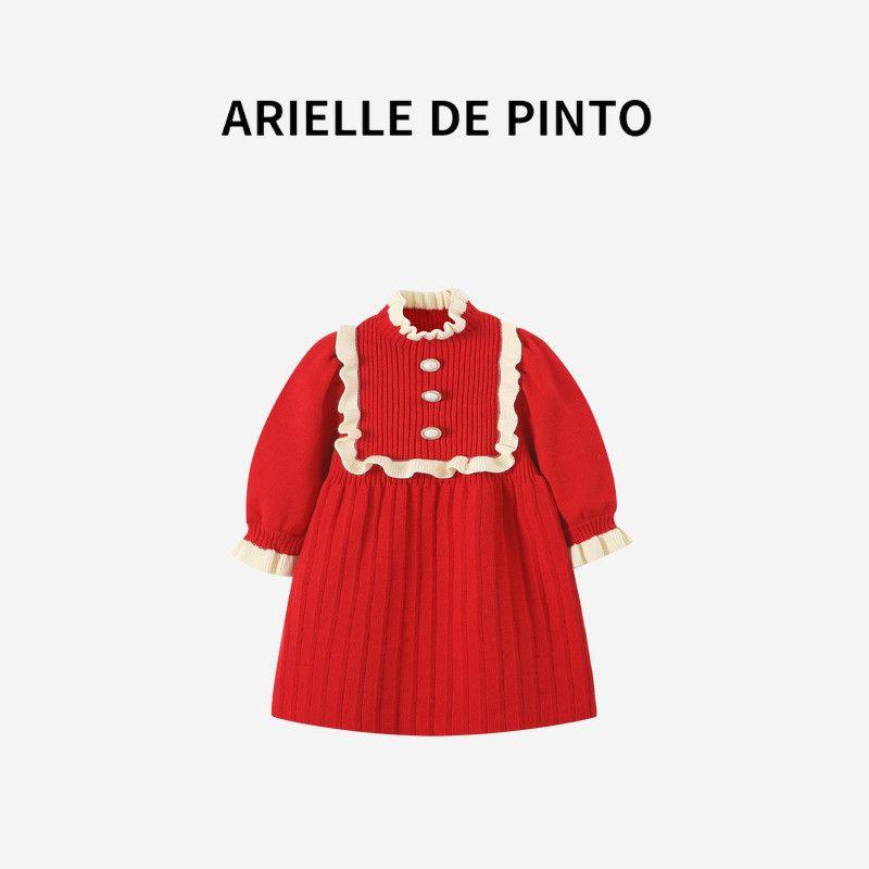 French Arielle De Pinto Girls Autumn Fashion Trendy Stylish Red Sweater Dress Red 140cm