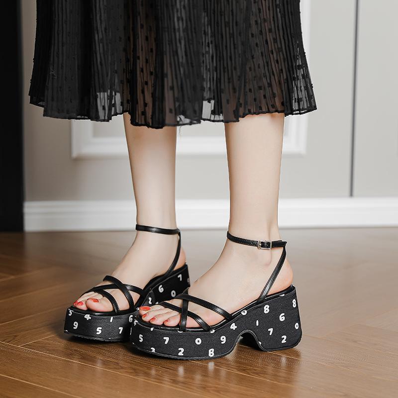 Summer sandals women's slope heel thick sole 7CM waterproof table thick heel one-word buckle cross strap black sweet cool Roman shoes