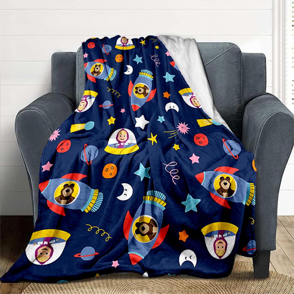 1 buc. Pătură de exterior Masha și Ursul, Flanelă ușoară, Moale și călduroasă, Utilizare în toate anotimpurile pentru canapea, în aer liber, camping, living, birou, scaun