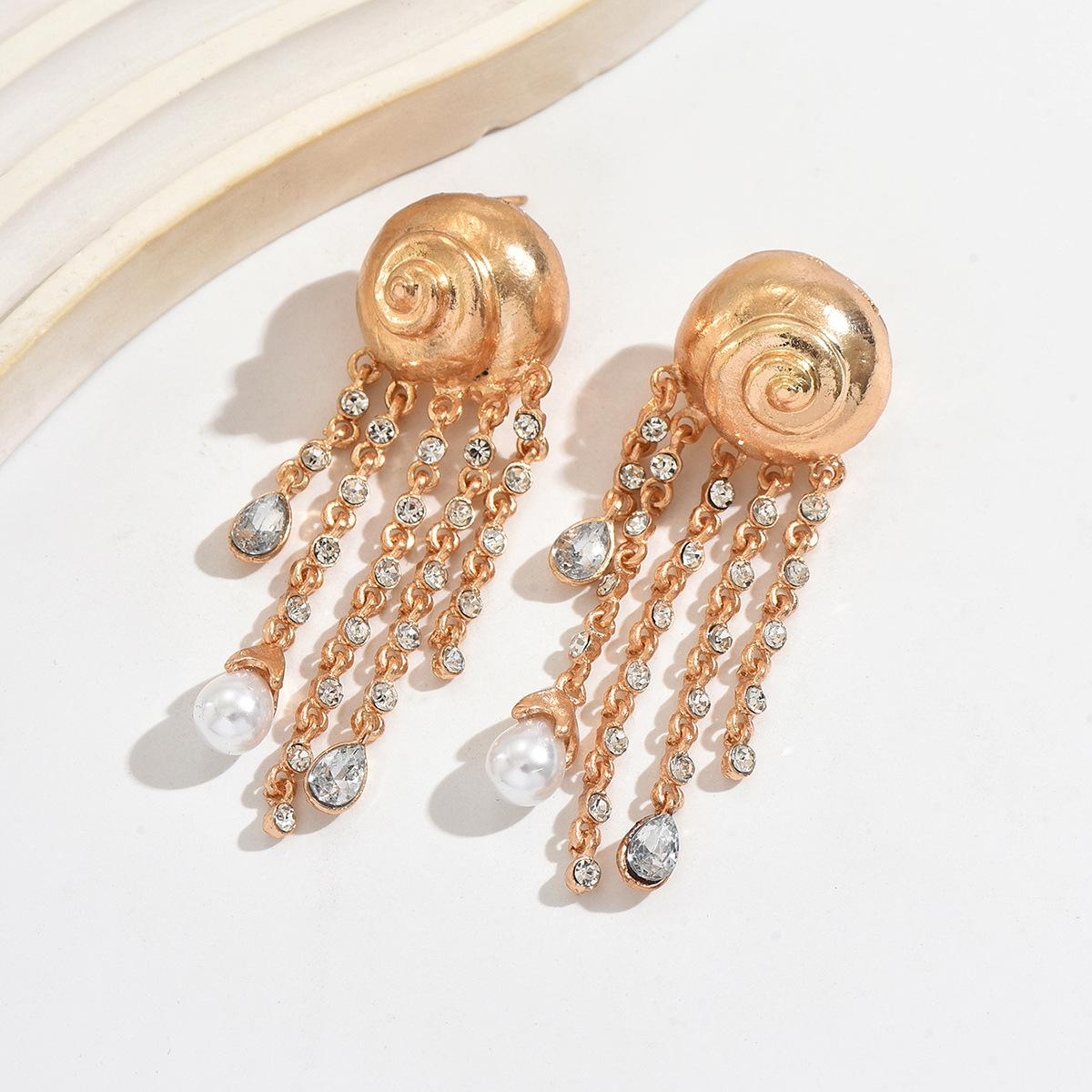 

European and American heavy industry diamond-encrusted long fringed earrings personalized light luxury design sense thread imitation pearl earrings