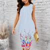 Women Plus Size Sleeveless Round Neck Midi Bodycon Dress Vertical Stripe And Bottom Floral Print Slim Fit Dress