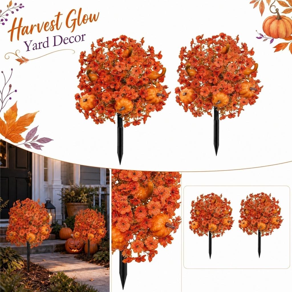 2pc Halloween Pumpkin Violet Eucalyptus Artificial Flower Garden Stakes Outdoor Decorative Plant Stakes for Yard Patio Lawn