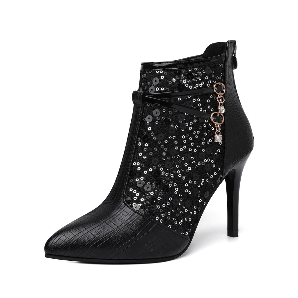 Außenhandel Übergröße Mesh Cool Boots Damen 2025 Sommer neu spitz paillettenbesetzt dünner Absatz hoher Absatz hohle Mesh-Stiefel