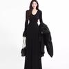 Khaki V-neck Long-sleeve Knit Dress for Women, Slim Fit, Hip-hugging, Ideal for Early Autumn/Winter as Base Layer or Inner Wear.
