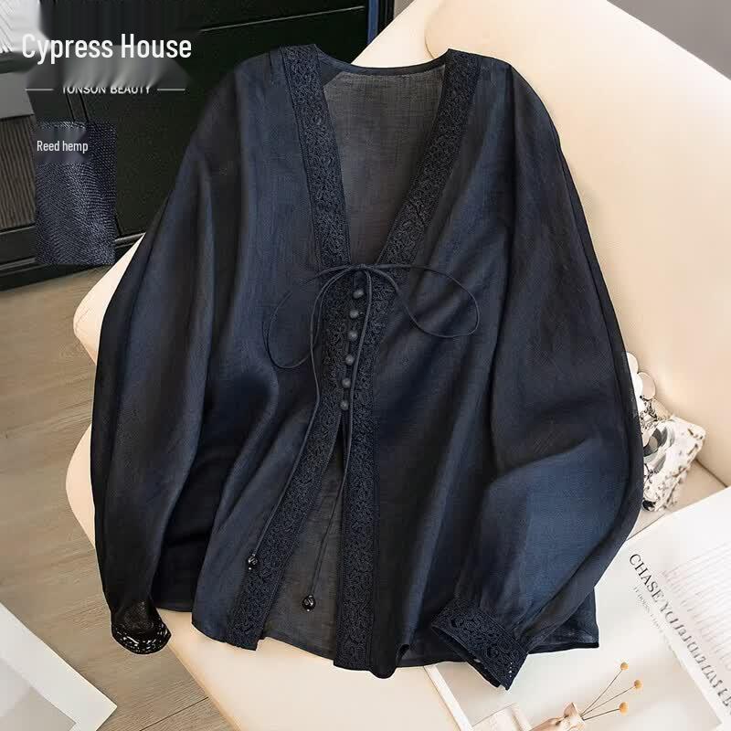Women s V-Neck Ramie Loose Long Sleeve Shirt L